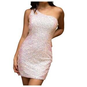 NEW PRIMAVERA one shoulder double strap fitted sequin dress in ivory